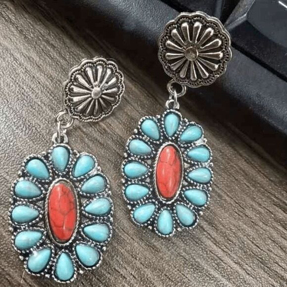 Western Boho Concho Turquoise Concho Santa Fe Style Dangle Earrings - Picture 2 of 4